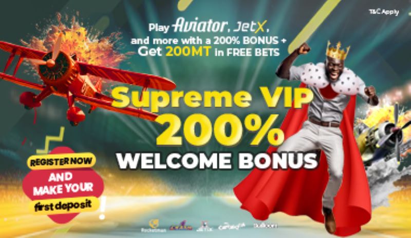 Bonificación de bienvenida Supreme VIP 200% para jugadores Aviator